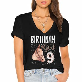 Horse Animal Lovers 9Th Birthday Girl B-Day 9 Years Old Women's Jersey Short Sleeve Deep V-Neck Tshirt | Mazezy
