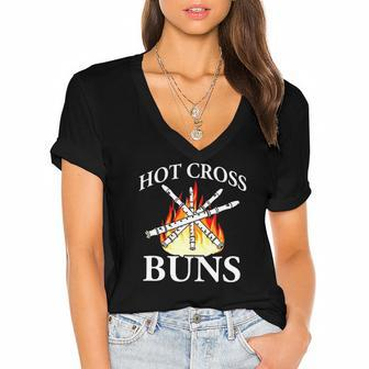 Hot Cross Buns Flutes On Fires Women's Jersey Short Sleeve Deep V-Neck Tshirt | Mazezy