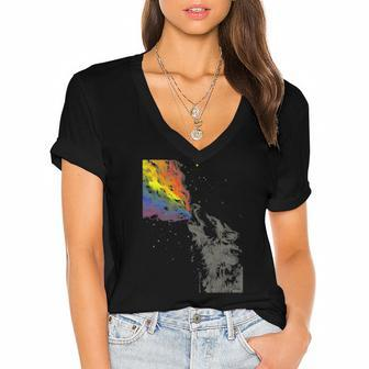 Howling Wolf Rainbow Watercolor Whimsical Animal Women's Jersey Short Sleeve Deep V-Neck Tshirt | Mazezy