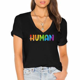 Human Lgbt Rainbow Flag Gay Pride Month Transgender Women's Jersey Short Sleeve Deep V-Neck Tshirt | Mazezy