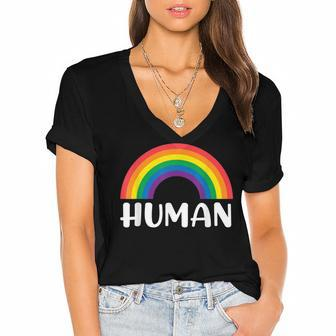 Human Rainbow Lgbt Pride Homo Lesbian Pride Women's Jersey Short Sleeve Deep V-Neck Tshirt - Seseable