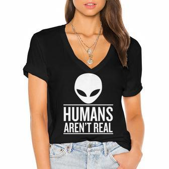 Humans Arent Real Alien Face Women's Jersey Short Sleeve Deep V-Neck Tshirt | Mazezy