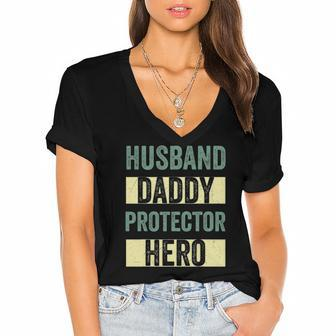 Husband Daddy Protector Hero Fathers Day Tee For Dad Wife Women's Jersey Short Sleeve Deep V-Neck Tshirt | Mazezy