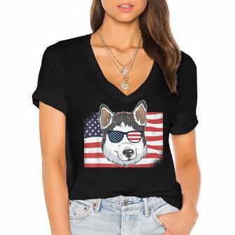 Husky Dad & Mom American Flag 4Th Of July Usa Siberian Husky Women's Jersey Short Sleeve Deep V-Neck Tshirt - Seseable