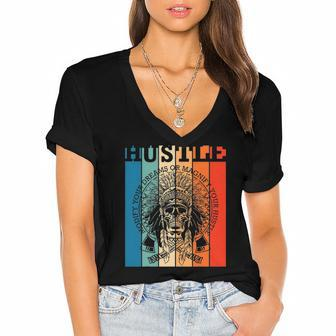 Hustle Retro Native American Indian Hip Hop Music Lover Gift Women's Jersey Short Sleeve Deep V-Neck Tshirt | Mazezy