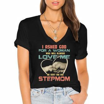 I Asked God For Woman Who Will Always Love Me Step Mom Women's Jersey Short Sleeve Deep V-Neck Tshirt | Mazezy