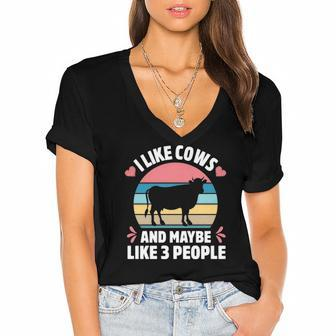 I Like Cows And Maybe Like 3 People Farm Farmer Cow Print Women's Jersey Short Sleeve Deep V-Neck Tshirt | Mazezy