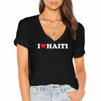 I Love Haiti - Red Heart Women's Jersey Short Sleeve Deep V-Neck Tshirt | Mazezy