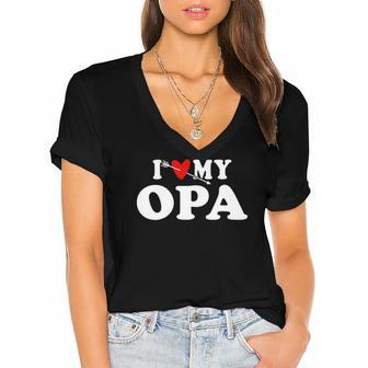 I Love My Opa With Heart Wear For Grandson Granddaughter Women's Jersey Short Sleeve Deep V-Neck Tshirt | Mazezy