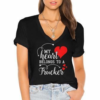 I Love My Trucker Husband Wife Gifts Valentines Day Women's Jersey Short Sleeve Deep V-Neck Tshirt | Mazezy