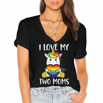 I Love My Two Moms Cute Lgbt Gay Ally Unicorn Girls Kids Women's Jersey Short Sleeve Deep V-Neck Tshirt - Seseable