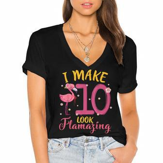 I Make 10 Look Flamazing Cute Flamingo 10Th Birthday Kids Women's Jersey Short Sleeve Deep V-Neck Tshirt - Seseable
