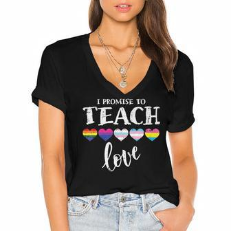 I Promise To Teach Love Lgbt-Q Pride Proud Ally Teacher Women's Jersey Short Sleeve Deep V-Neck Tshirt - Seseable