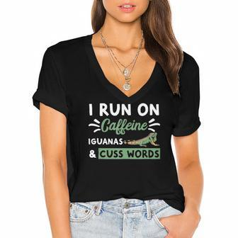 I Run On Caffeine Iguanas And Cuss Words Funny Iguana Mom Women's Jersey Short Sleeve Deep V-Neck Tshirt | Mazezy