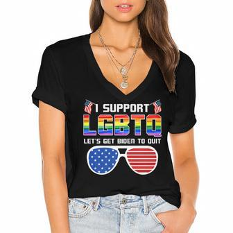 I Support Lgbtq Lets Get Biden To Quit Funny Political Women's Jersey Short Sleeve Deep V-Neck Tshirt - Seseable
