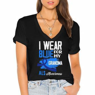 I Wear Blue For My Grandma Support Als Awareness Women's Jersey Short Sleeve Deep V-Neck Tshirt | Mazezy