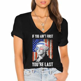 If You Aint First Youre Last George Washington Sunglasses Women's Jersey Short Sleeve Deep V-Neck Tshirt - Seseable