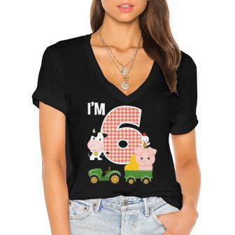 Im 6 Farm Animals Barnyard Tractor 6Th Birthday Party Women's Jersey Short Sleeve Deep V-Neck Tshirt | Mazezy