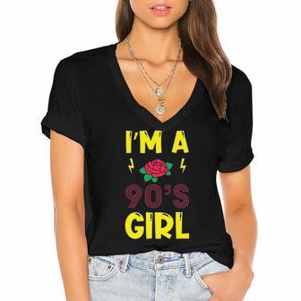 Im A 90S Girl Retro Rose Cassette Player Boombox Women's Jersey Short Sleeve Deep V-Neck Tshirt | Mazezy