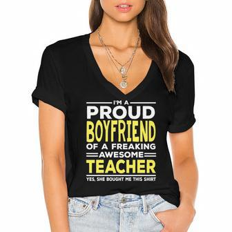 Im A Proud Boyfriend Of A Freaking Awesome Teacher Women's Jersey Short Sleeve Deep V-Neck Tshirt | Mazezy