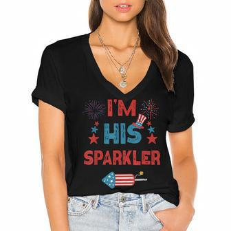 Im His Sparkler 4Th Of July Fireworks Matching Couples Women's Jersey Short Sleeve Deep V-Neck Tshirt - Seseable