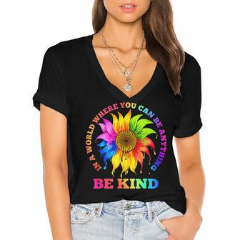 In A World Where You Can Be Anything Be Kind Lgbt Rainbow Women's Jersey Short Sleeve Deep V-Neck Tshirt - Seseable