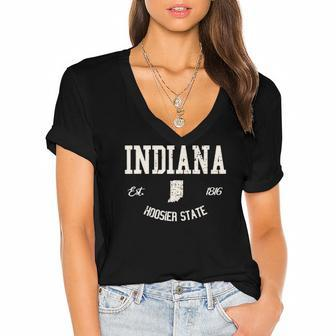 Indiana Hoosier State Varsity Sports College Athletic Women's Jersey Short Sleeve Deep V-Neck Tshirt | Mazezy