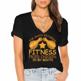 Into Fitness Fitness Fried Chicken In My Mouth Women's Jersey Short Sleeve Deep V-Neck Tshirt - Seseable