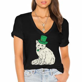 Irish Snow Arctic Fox Leprechaun Animal Cute St Patricks Day Women's Jersey Short Sleeve Deep V-Neck Tshirt | Mazezy