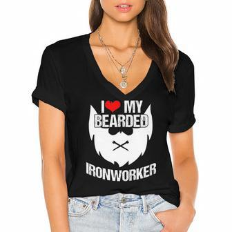 Ironworker Wife Girlfriend I Love My Bearded Metal Worker Women's Jersey Short Sleeve Deep V-Neck Tshirt | Mazezy