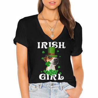 Jack Russell Terrier Patricks Day For Dog Lovers Women's Jersey Short Sleeve Deep V-Neck Tshirt | Favorety