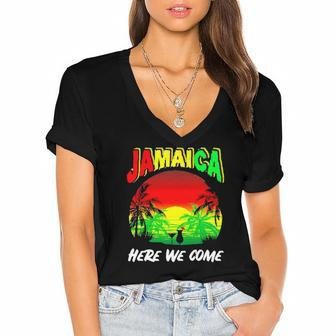Jamaica Here We Come Jamaica Calling Women's Jersey Short Sleeve Deep V-Neck Tshirt | Mazezy