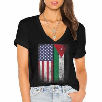 Jordanian American Flag Jordan Usa Country Gift Women's Jersey Short Sleeve Deep V-Neck Tshirt - Seseable