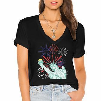 July 4Th S Fireworks Statue Of Liberty Women's Jersey Short Sleeve Deep V-Neck Tshirt | Mazezy