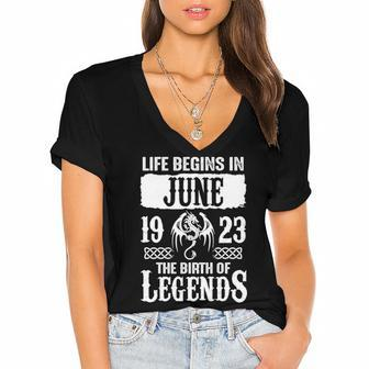 June 1923 Birthday Life Begins In June 1923 Women's Jersey Short Sleeve Deep V-Neck Tshirt - Seseable