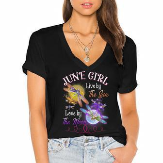 June Girl Lover Moon Dragonfly Funny Birthday Women's Jersey Short Sleeve Deep V-Neck Tshirt - Seseable