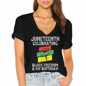 Juneteenth Celebrating Black Freedom & My Birthday June 19 Women's Jersey Short Sleeve Deep V-Neck Tshirt - Seseable