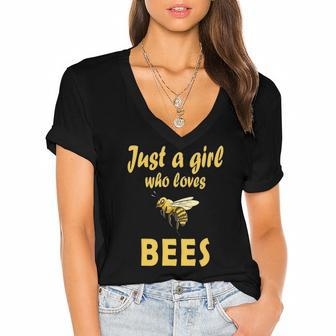 Just A Girl Who Loves Bees Beekeeping Funny Bee Women Girls Women's Jersey Short Sleeve Deep V-Neck Tshirt | Mazezy