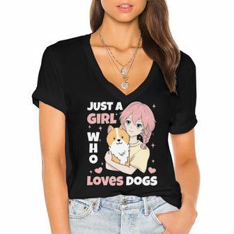Just A Girl Who Loves Dogs Cute Corgi Lover Outfit & Apparel Women's Jersey Short Sleeve Deep V-Neck Tshirt | Mazezy