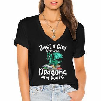 Just A Girl Who Loves Dragons And Books Reading Dragon Women's Jersey Short Sleeve Deep V-Neck Tshirt | Mazezy