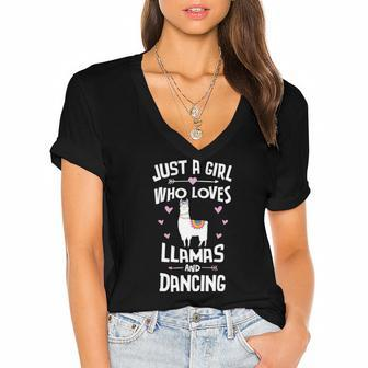 Just A Girl Who Loves Llamas And Dancing Gift Women Women's Jersey Short Sleeve Deep V-Neck Tshirt | Mazezy