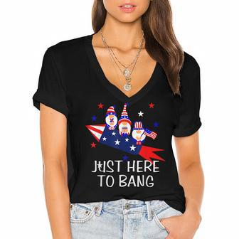 Just Here To Bang Happy 4Th Of July Cute Gnomes America Women's Jersey Short Sleeve Deep V-Neck Tshirt - Seseable