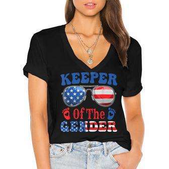 Keeper Of The Gender 4Th Of July Baby Gender Reveal Women's Jersey Short Sleeve Deep V-Neck Tshirt | Mazezy