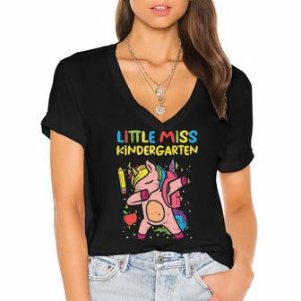 Kids Little Miss Kindergarten Dab Unicorn First Day Of Girls Women's Jersey Short Sleeve Deep V-Neck Tshirt | Mazezy