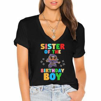 Kids Sister Of The Birthday Boy Ninja Women's Jersey Short Sleeve Deep V-Neck Tshirt | Mazezy