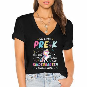 Kids So Long Pre-K Its Been Fun Look Out Kindergarten Unicorn Women's Jersey Short Sleeve Deep V-Neck Tshirt | Mazezy
