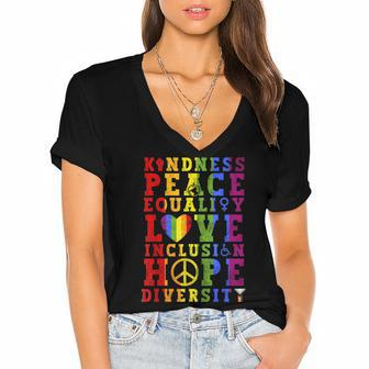 Kindness Equality Love Lgbtq Rainbow Flag Gay Pride Month Women's Jersey Short Sleeve Deep V-Neck Tshirt | Mazezy