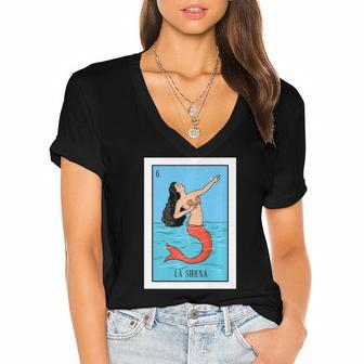 La Mermaid Lottery Gift The Mermaid Card Mexican Lottery Women's Jersey Short Sleeve Deep V-Neck Tshirt | Mazezy