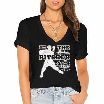Left Handed Pitcher Your Coach Warned You Baseball Lefty Women's Jersey Short Sleeve Deep V-Neck Tshirt | Mazezy