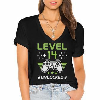 Level 14 Unlocked Funny 14Th Birthday Women's Jersey Short Sleeve Deep V-Neck Tshirt | Mazezy